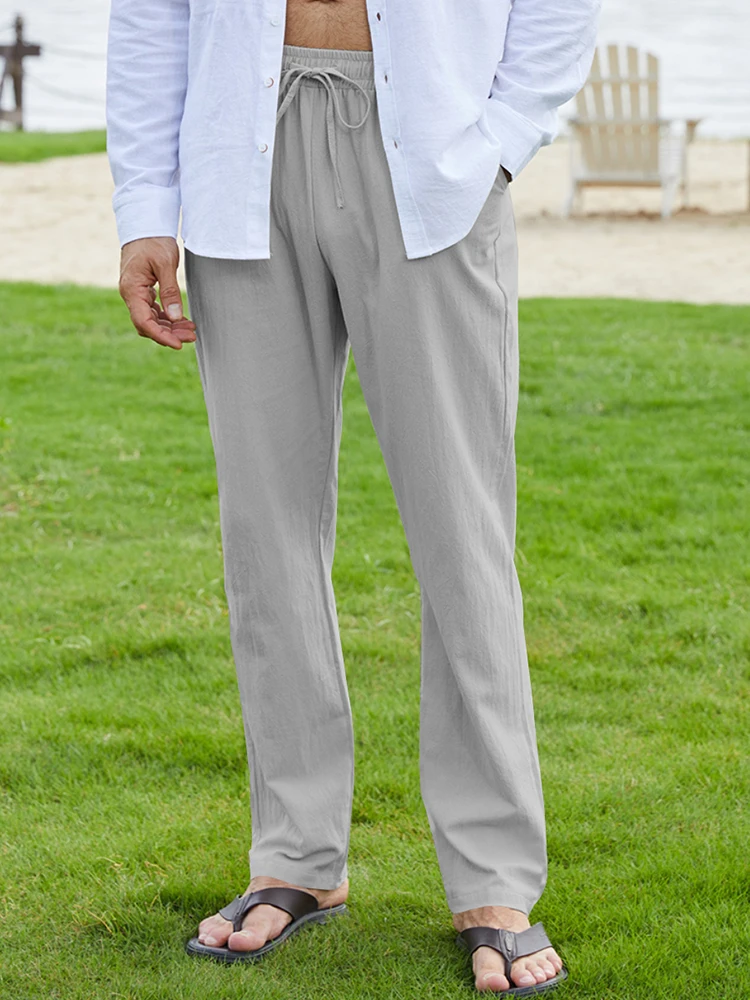 

Men's Cotton Linen Pants Summer Fashion Casual Solid Color Elastic Waist Pocket Beach Pants M-3XL