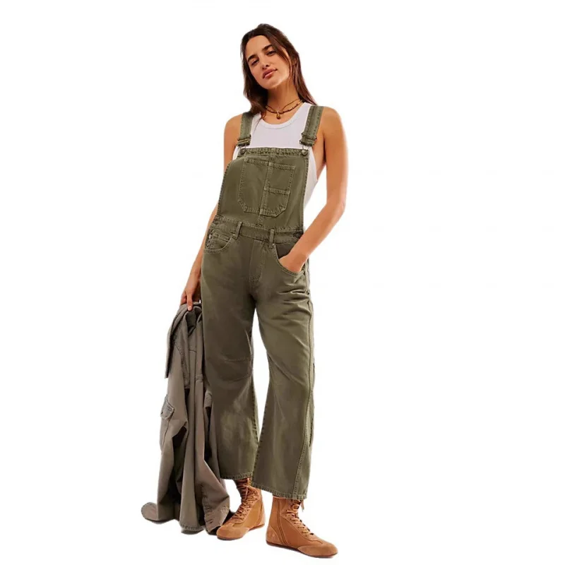 Street Style Nieuwe Gewassen Retro Loose Fit Herfst Winter Rechte Dames Cargo Jeans Met Bandjes Lange Broek Dames