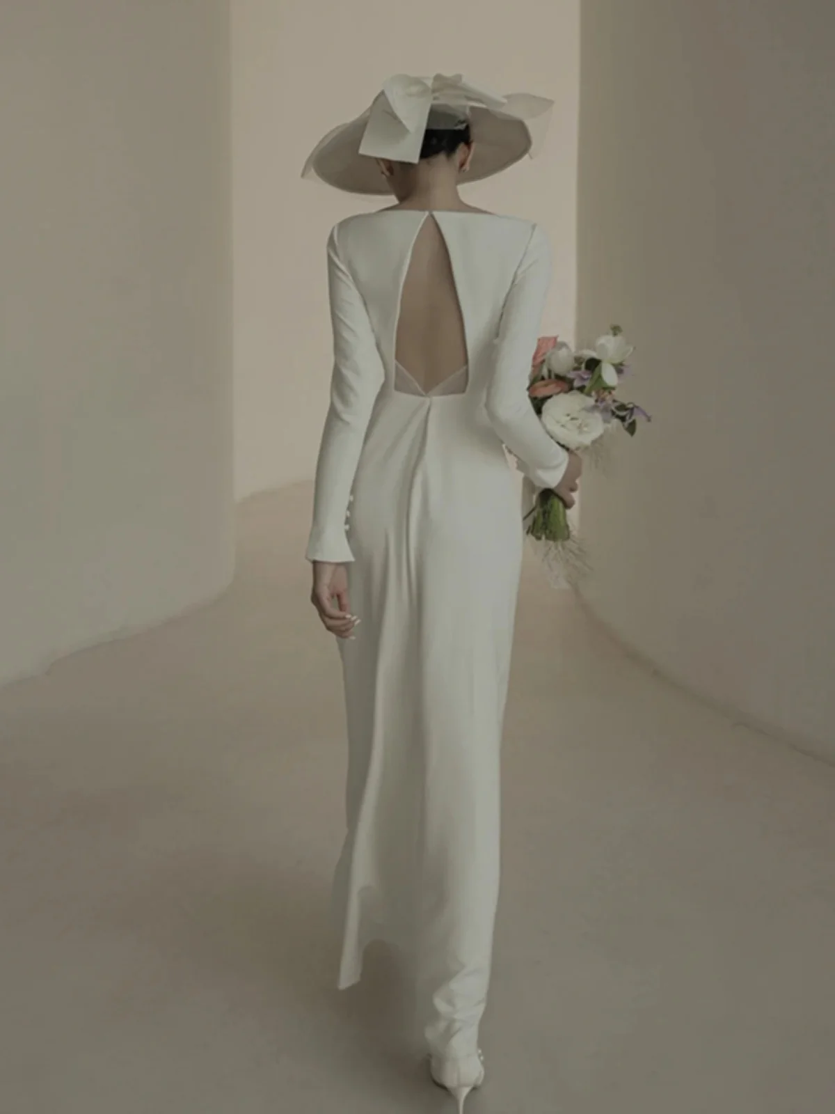 

Ele Simple Satin Long Sve Wedding Dr Bal Gown for Bride Guest Welcome White Bridal Dr A-Line Skirt