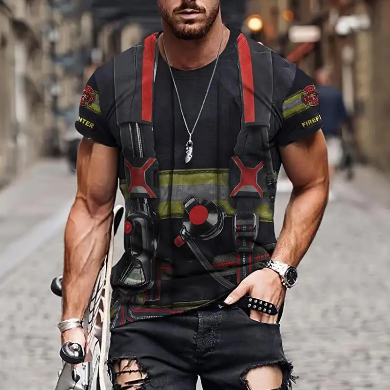 3D Print Firefighter Graphic T-Shirts For Men Casual Short Sleeve Oversized Tees Tops Streetwear Men Cosplay Tshirt Ropa Hombre