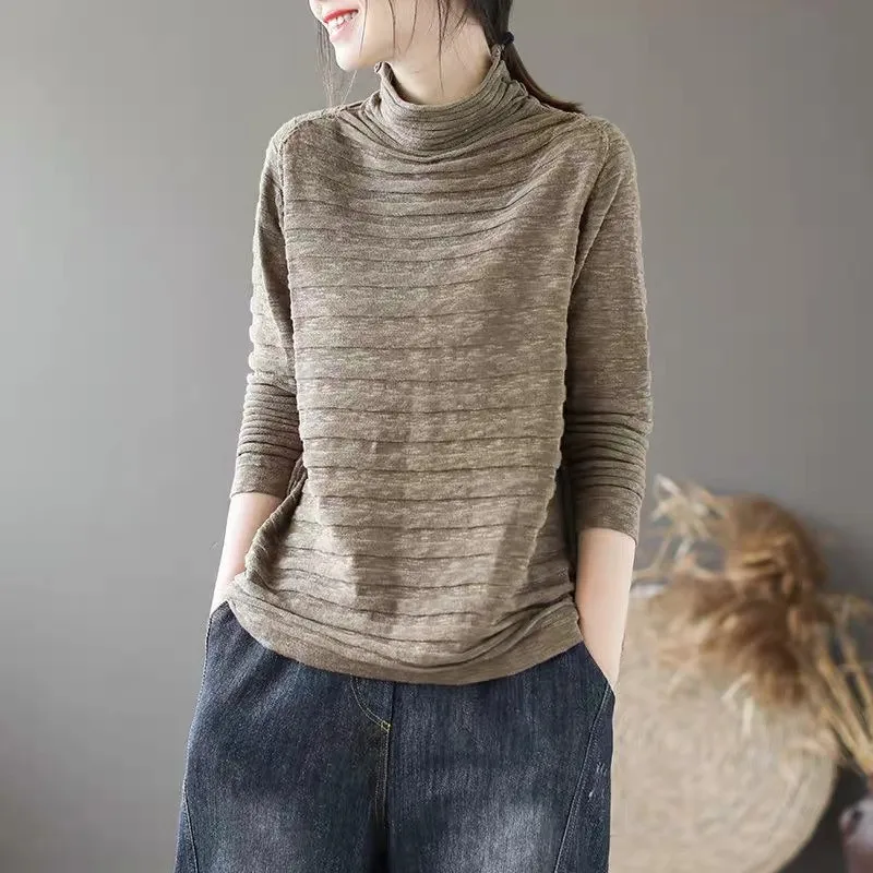 

Женский свитер с высоким воротником, вязаный свитер, осенний новый корейский вариант, полосатый однотонный свободный и универсальный пуловер