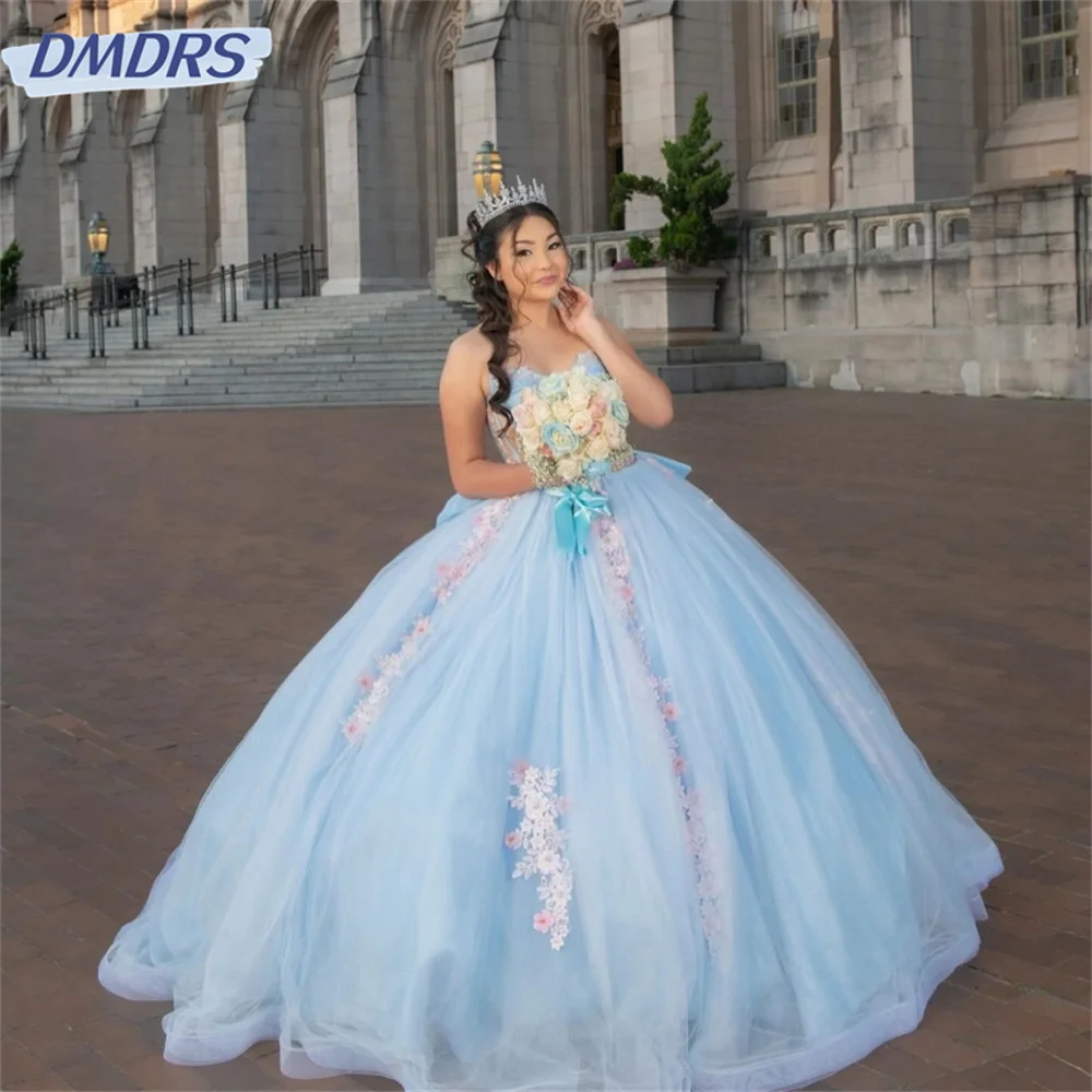 السماء الزرقاء قبالة الكتف تول فساتين Quinceanera زين الدانتيل تول الخرز الكرة ثوب الطابق طول رداء حفلات vestidos de 15