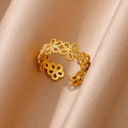 Gold Color Hollow Flower Rings For Women Stainless Steel Adjustable Multi-layer Flower Ring Females waterproof Wedding Jewelry