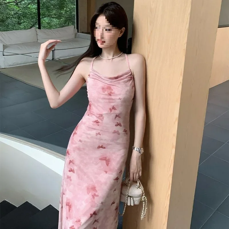 French Lace Butterfly Print Strapless Slim Fit Maxi Dress Women Summer Open Split Waist Cinched Mini Mommy Dress Ankle Length