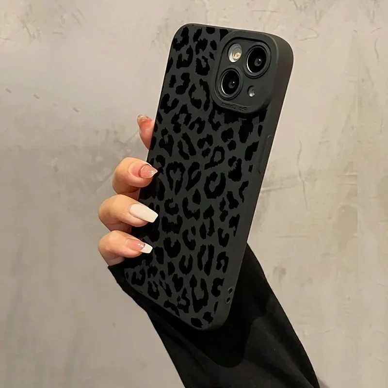 Black Leopard Print Silicone Case for iPhone 16 15 14 Pro Max 12 13 Mini 11Pro XS XR 7 8 Plus Dustproof Shockproof Cover - náhled 3