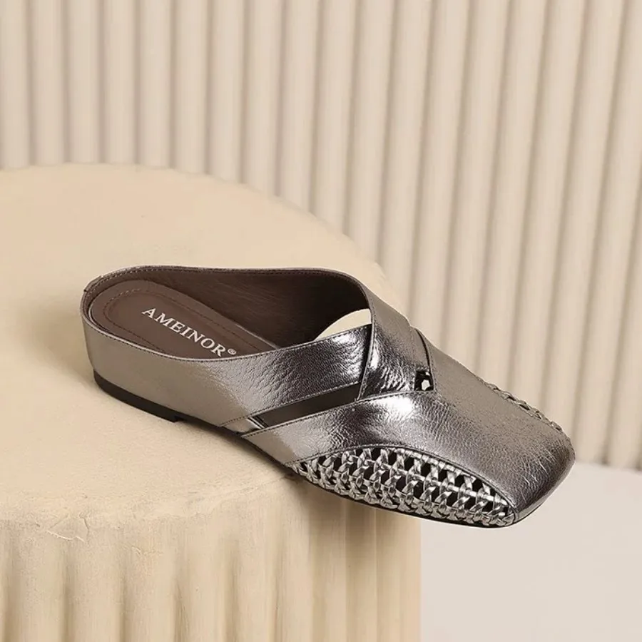 Women's Summer Outdoor Wear Leather Hollow out Woven Slip-On Sandals Breathable Comfortable Rubber Sole Support Arch Shoes
