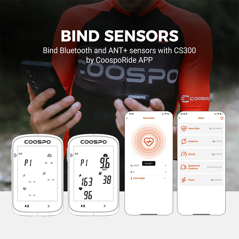 COOSPO CS300 Wireless Bike Computer GPS Bike Speedometer Odometer 2.6in for Strava TP Bluetooth ANT+ Slope Altitude APP Sync