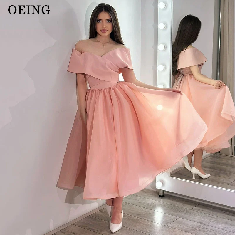 

OEING A-Line Light Pink Prom Dresses Off The Shoulder Party Gowns Pleats Tiered Floor-Length Organza Dress 2025 Customized