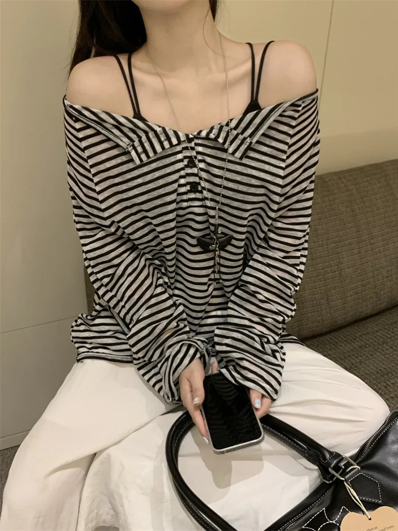 Rose rayé longue Sve une épaule T-irt femmes début du printemps paresseux Sle ample décontracté oulder exposition haut