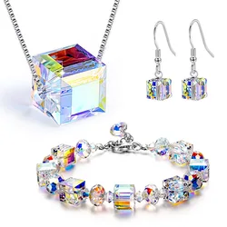 Austrian Sugar Cube Crystal 8mm Bracelet Necklace Earrings Set Women's Crystal Bracelet Jewelry Engagement Memorial Gift 2023