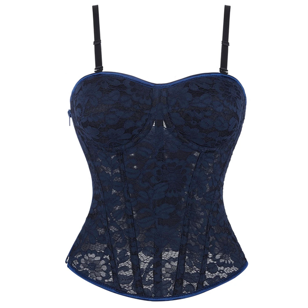 

Женские синие сексуальные корсеты с завышенной талией, топы, кружевные сетчатые дышащие с цветочным принтом и чашкой бюстгальтера с боковой молнией на бретельках, бюстье, жилет