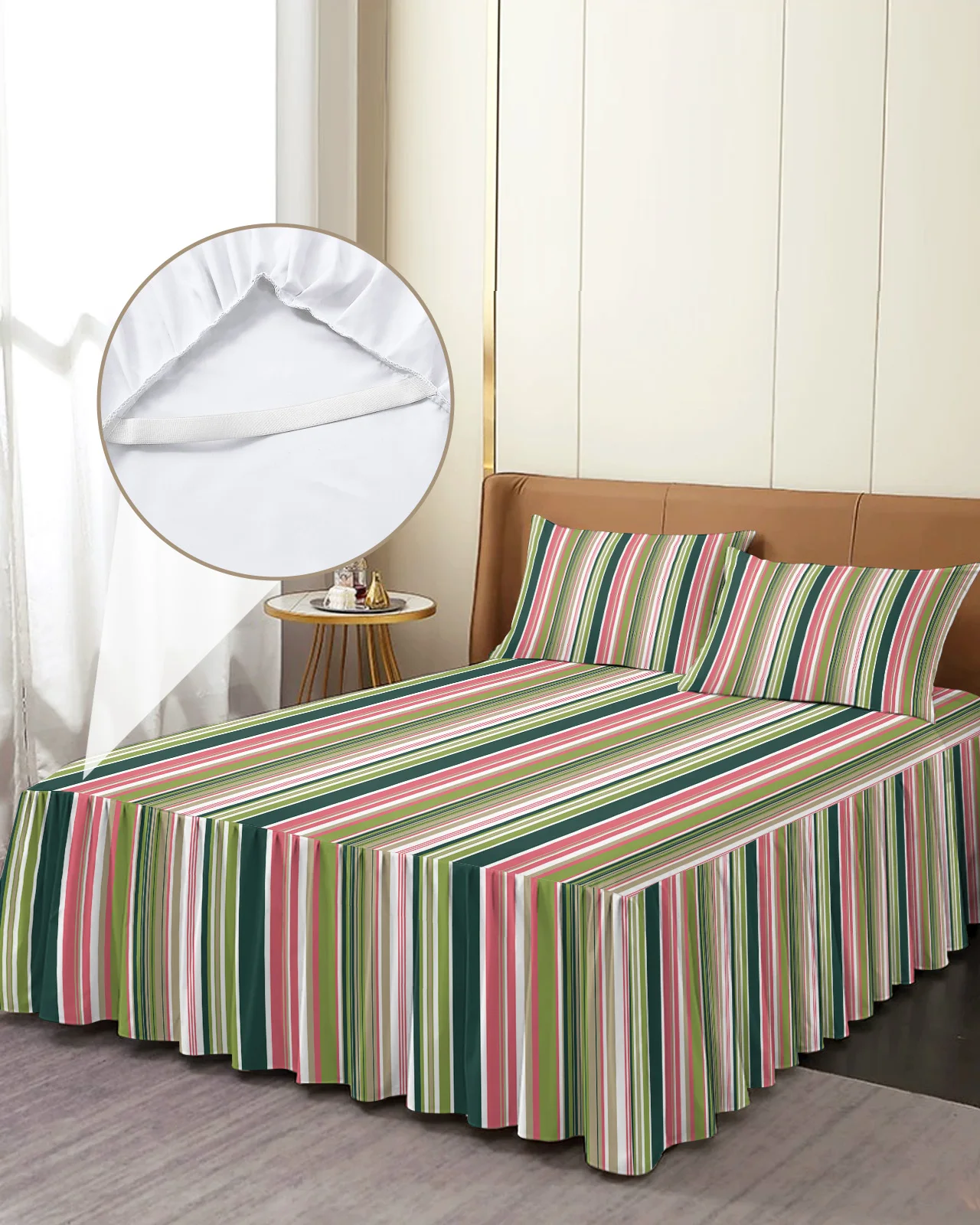 Colorful Striped Texture Bed Skirt Elastic Fitted Bedspread With Pillowcases Bed Protector Mattress Cover Bedding Set Bed Sheet