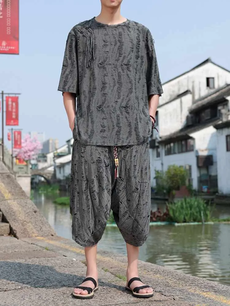 

New Chinese Sle Hollow out ort Sve Men's T-irt Set Summer Loose Fit Breathable Casual Faion Trendy Brand Tee