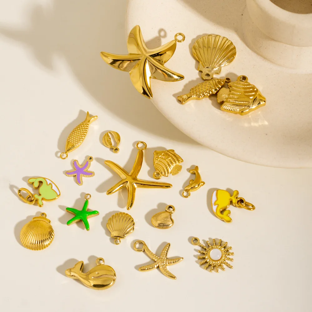 

Hot Selling High End Stainless Steel Dolphin Starfish Sea Pendant DIY Gold Plated Fish Summer Charms for Making Jewelry