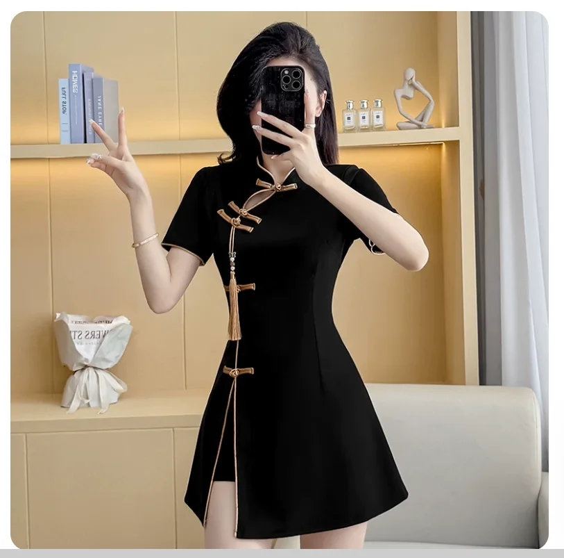 Summer New Retro Improved Embroidered Cheongsam Show Thin Temperament Small Dress Shorts Set