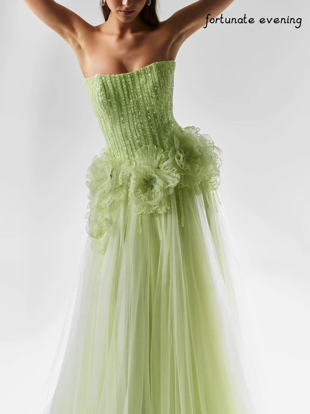 Fortunate Evening Elegant Vintage Sweet Green Beads Flower Stylish Ruffle Fashion Formal Occasion Prom Dress Evening Party Gowns