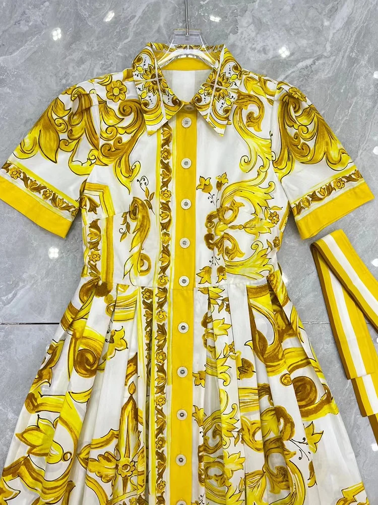 Retro geometric yellow flower porcelain print lapel lace-up waist dress 2024 summer women\'s new fashion loose shirt dress