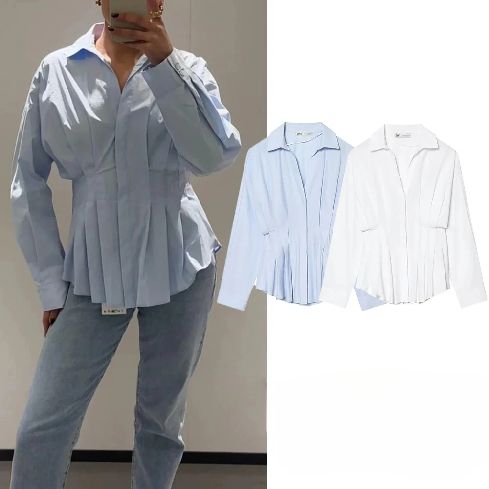 

Spring New Chic Streetwear Blue Casual Office Shirts Solid Pleated Buttons Commute Fashion Vintage Female Blouses