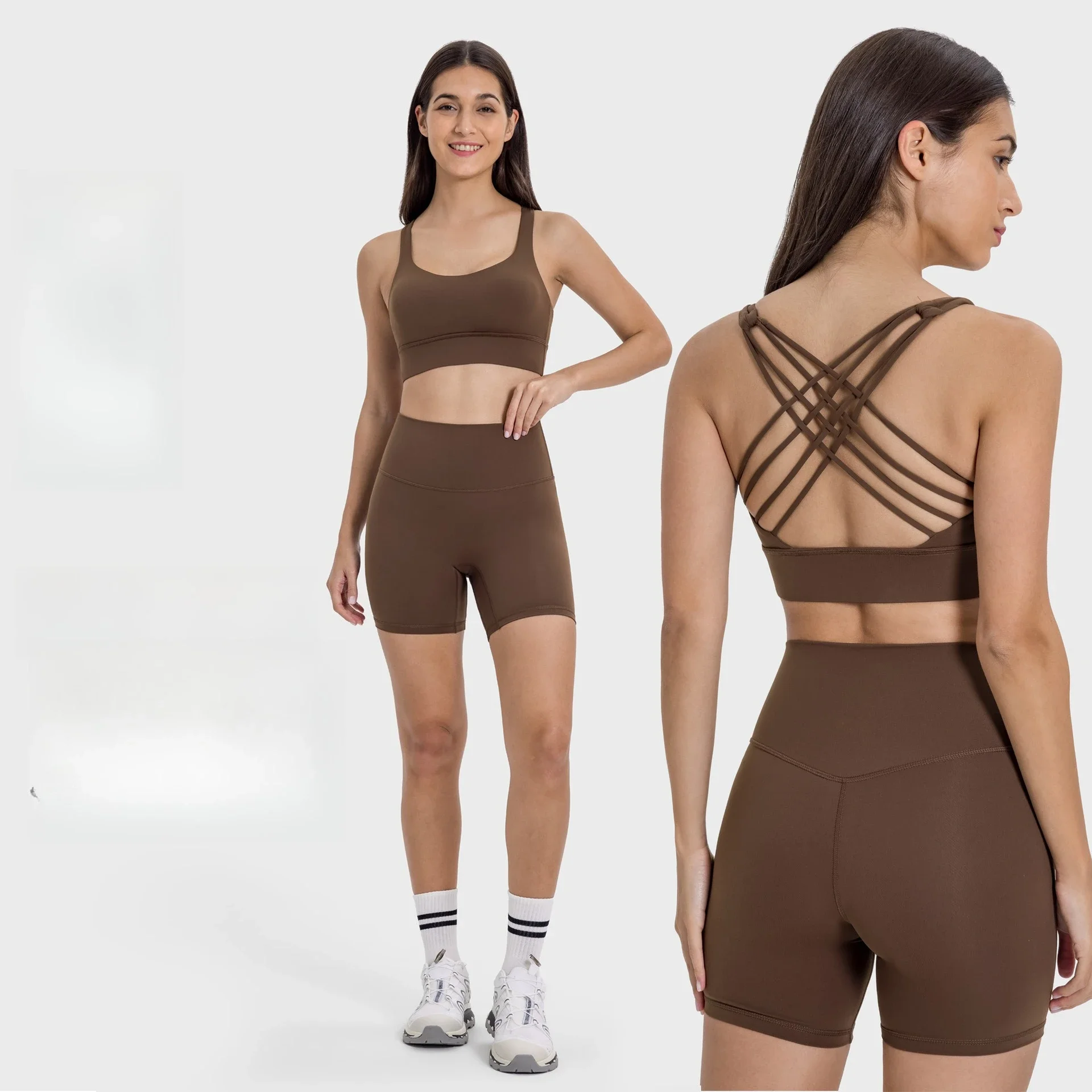 

Women's yoga 2-piece set, high waisted nude shorts, shock-absorbing tight fit, beautiful back bra fitness and exercise set