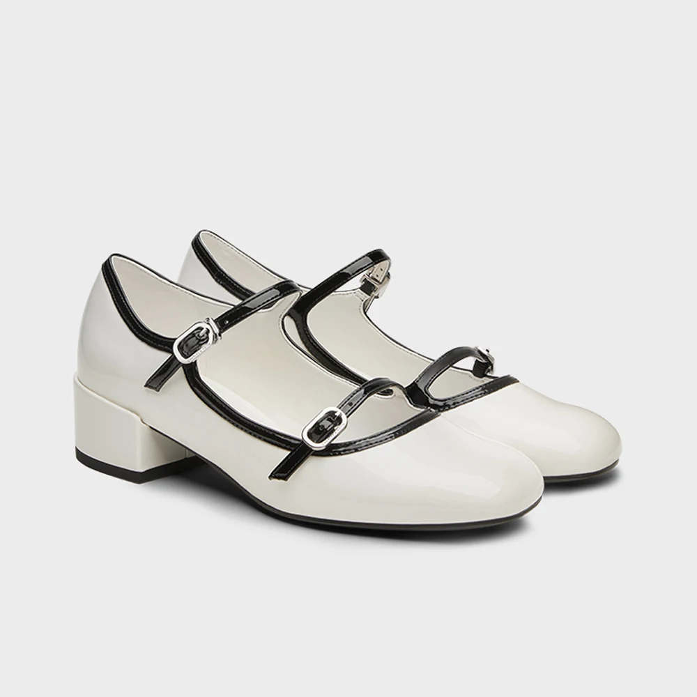 

FWRD Women's Patent Leather Round-Toe Color-Block Chunky-Heel Mary Janes, Comfortable for Daily Wear #FWRD000312