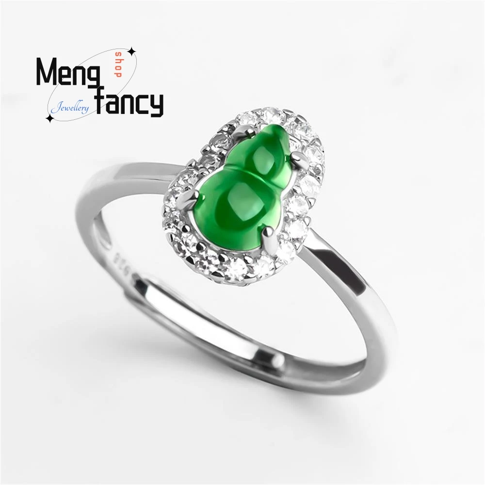 S925 Silver Inlaid Natural A-goods Jadeite Gourd Sunny Green Icy Jade Ring Simple Exquisite Luxury Fashion Jewelry Holiday Gift