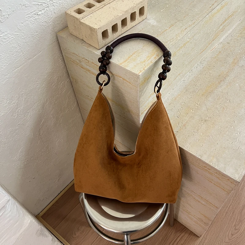 Korean Retro Faux Suede Hobo Bag for Women Wooden Bead Handle Large Capacity Casual Commuter Underarm Shoulder Handbag