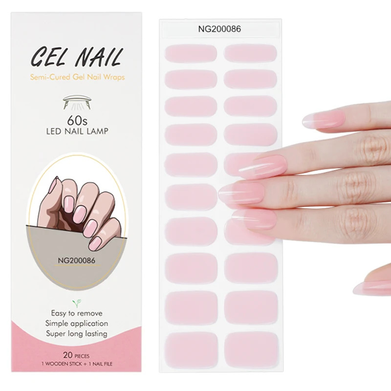 20/16Tips/Sheet Semi-Cured Gel Nail Patch Pink Tulip Flower Adhesive Sliders Long Lasting Full Cover Nail Stcikers UV Lamp Neede