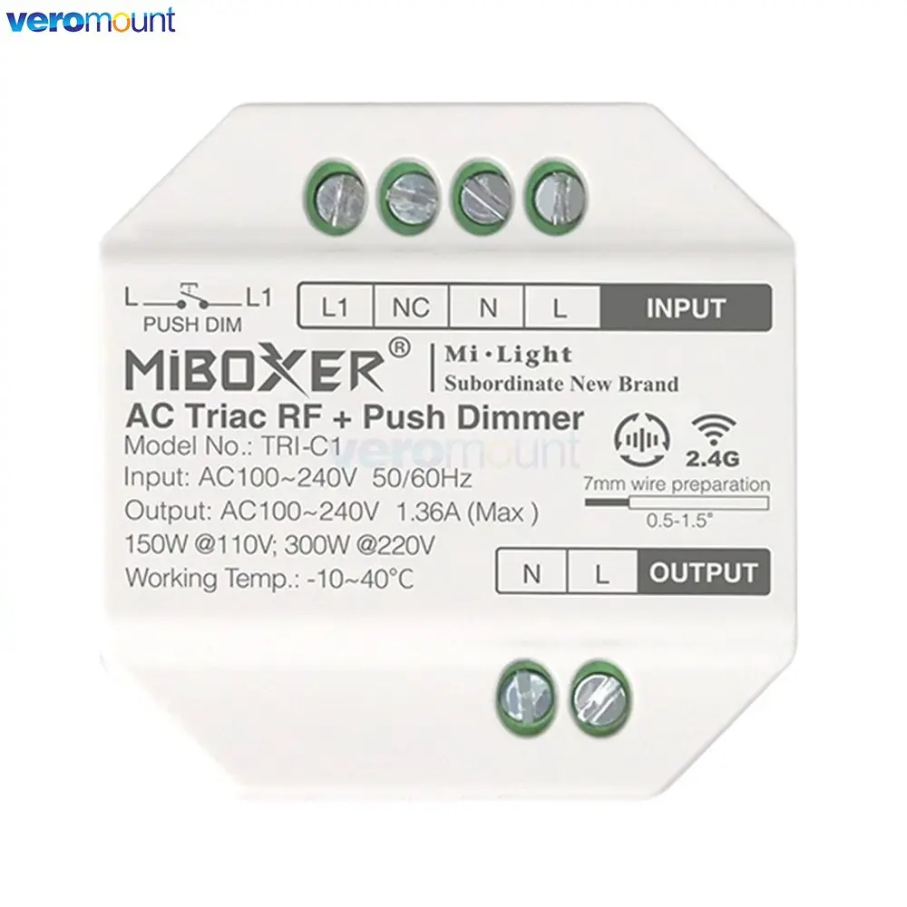 MiBoxer TRI-C1 TRI-C1WR TRI-C1ZR Ściemniacz AC 110V 220V 2.4G RF Zdalna aplikacja WiFi / Sterowanie głosowe 300W do lamp halogenowych