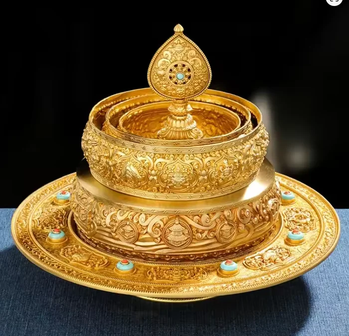 Brass Engraved 37-Heap Mandala Offering Set Tibetan Buddhist Mandala Offering Plate, Traditional Ritual Altar Decor,33m,24cm