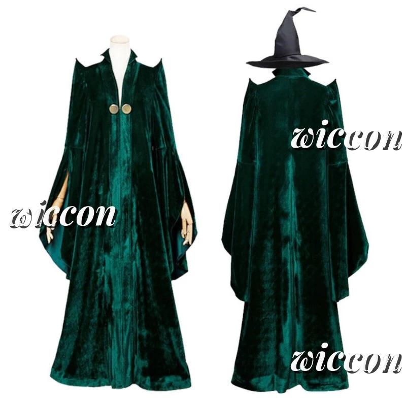 McGonagall Professor Cosplay Costume pour femme, robe verte, cape en velours, chapeau Everak, Halloween, carnaval, haute qualité