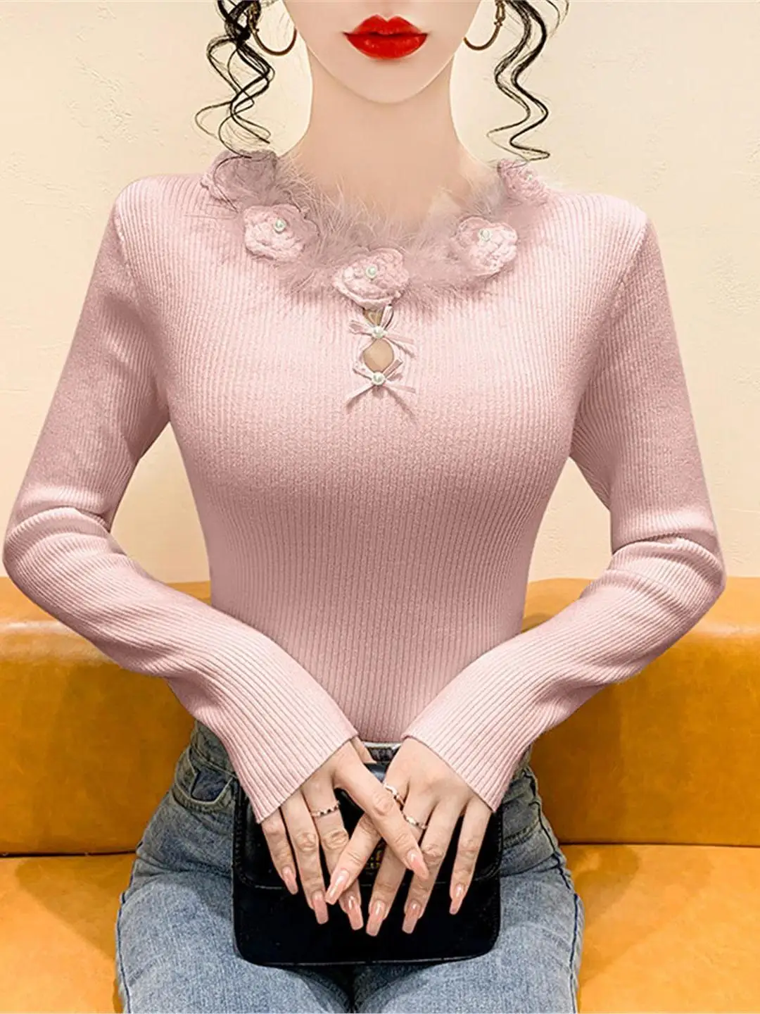 Ele lavorato a maglia lungo Sve Base irt da donna autunno inverno maglione con nodo scavato abbigliamento interno morbido motivo floreale