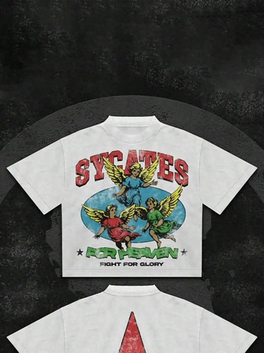 Men T-Shirt, Vintage Streetwear, SYCATES, Cherub Angel Graphic, Star Logo, Distressed Print, Short Sleeve, Crew Neck, Boxy Fit, Retro Fashion, American Street Style, Music Festival Outfit, Daily Wear