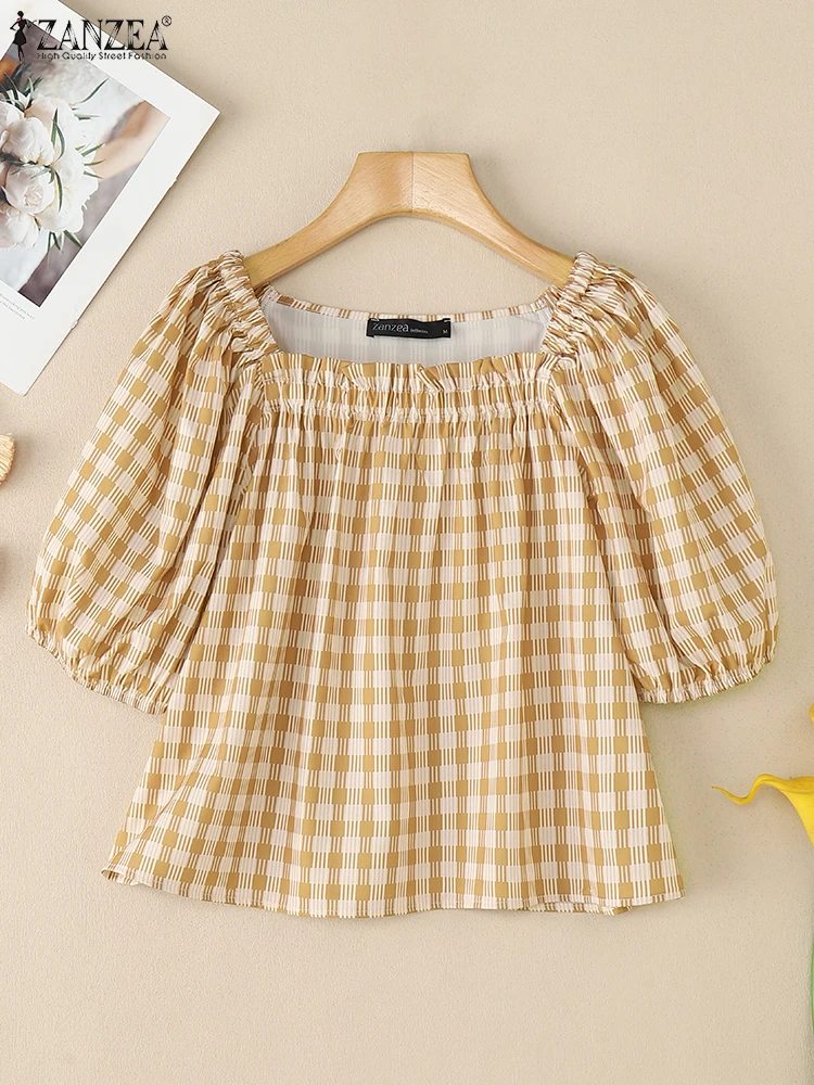 

Лето 2022, женские топы ZANZEA, элегантные клетчатые блузки с квадратным вырезом в клетку, модная рабочая рубашка, корейские праздничные блузки с короткими рукавами