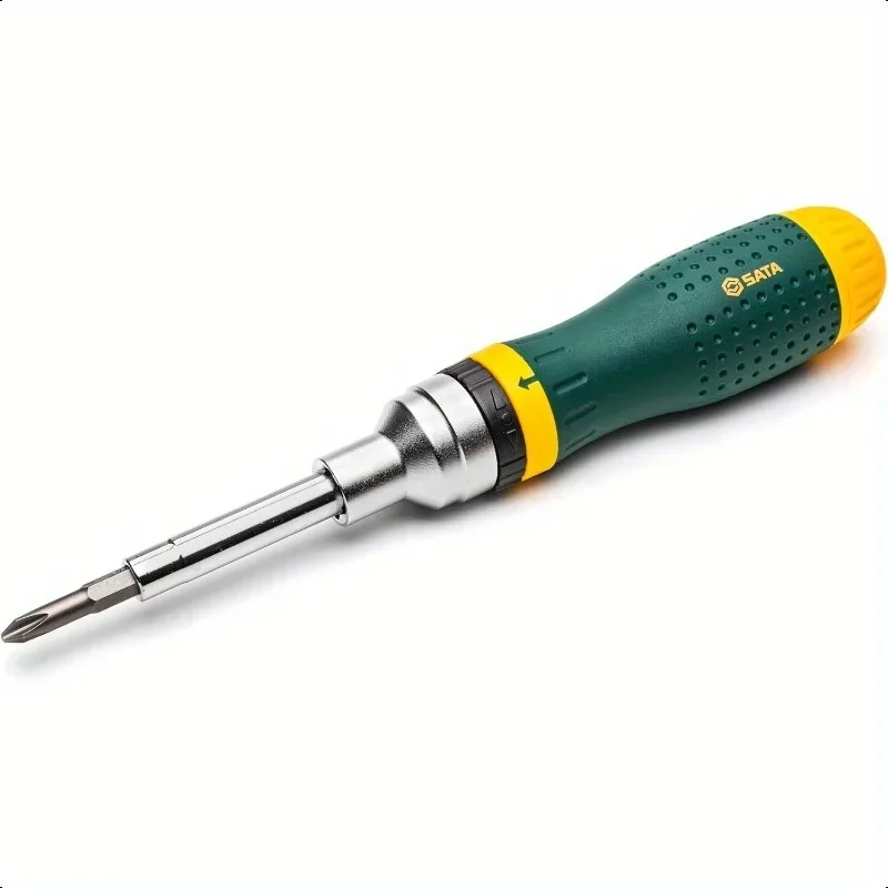 

19-in-1 multifunctional ratchet screwdriver set, equipped with 8 double-sided bits and a yellow-green oil-resistant handle.