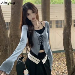 Women Sets Long Sleeve Blue Cardigans Bandage Cropped Black Camis Slim Sexy All-match Design Streetwear Hot Girls Summer Fashion