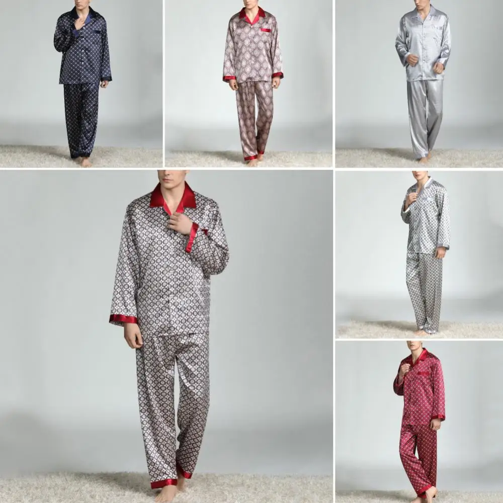 Print Imitation Silk Long Pants Sleepwear Men Summer Pajama Set Shirt Nightwear