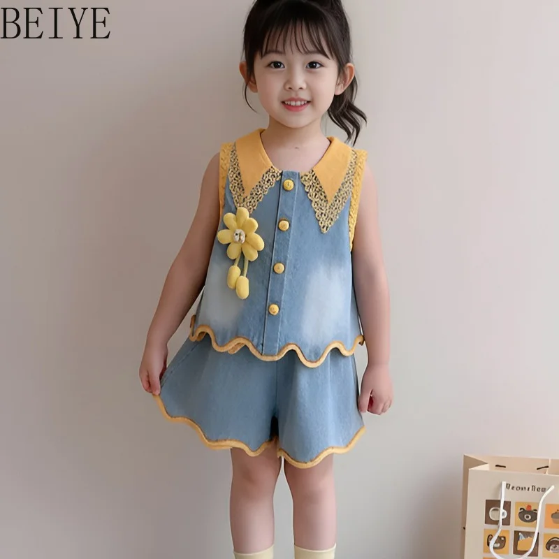 2Pcs Kids Girls Denim Outfit Set Contrast Lace Lapel Sleeveless Vest Hem Shorts 3D Flower Summer Children Casual Clothes Set