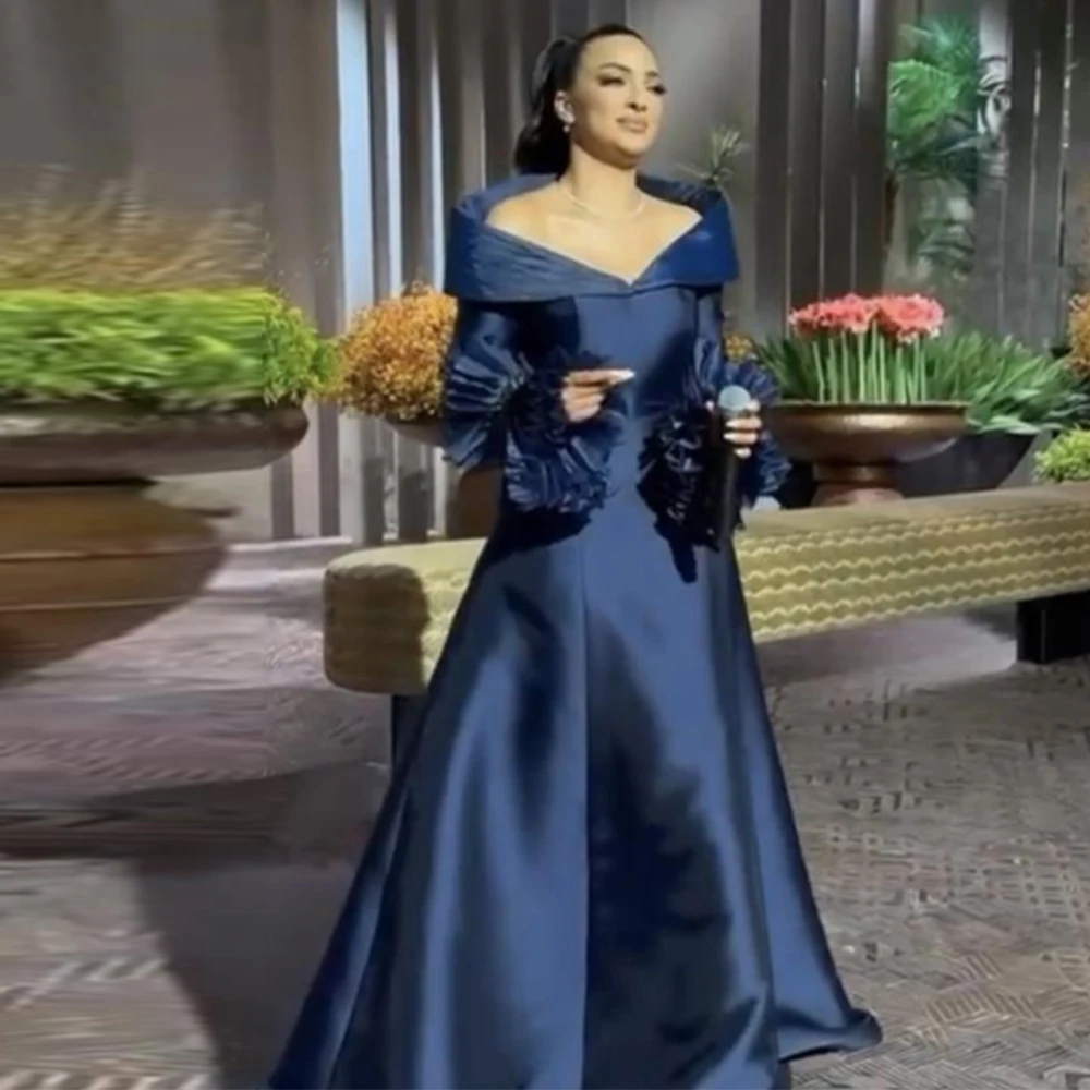 Exquisite Elegant Party Dresses Woman Dark Royal Blue Satin Ruched Ruffles A-line V-neck Floor Length Dresses Gowns 2024