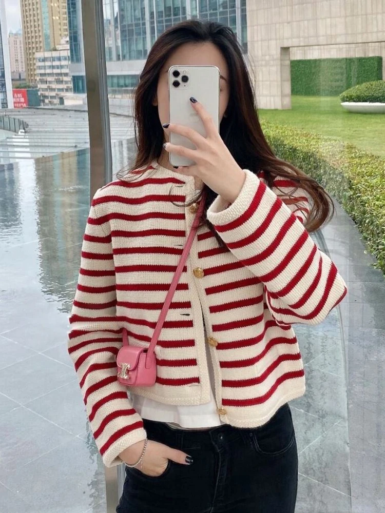 Cardigan Women Striped Knitting Autumn New Casual Laziness Sweater Popular Korean Style Trendy Temper Street Wear Cozy Stretchy