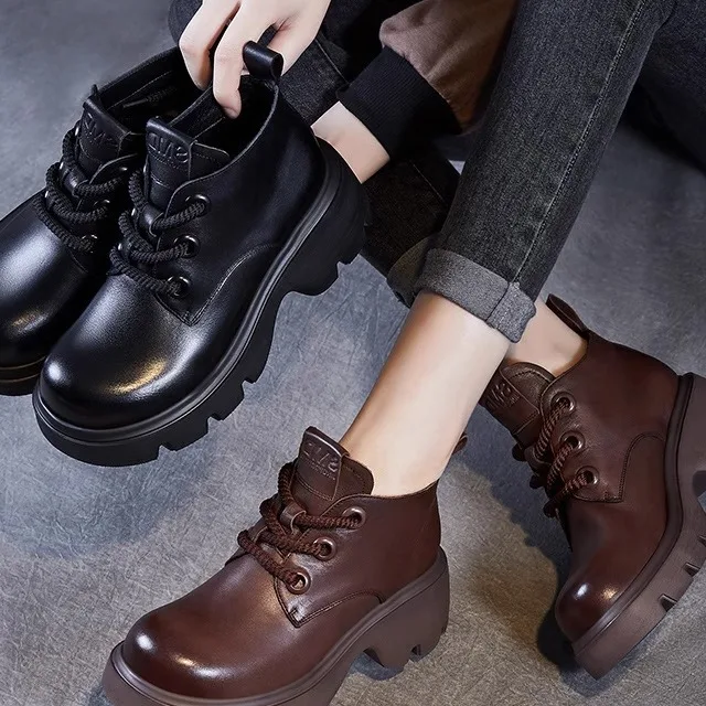 

Vintage Style Thick Bottom High Top Short Boots Lace up Genuine Leather Fashionable British Style Ankle Boots Autumn Winter W...