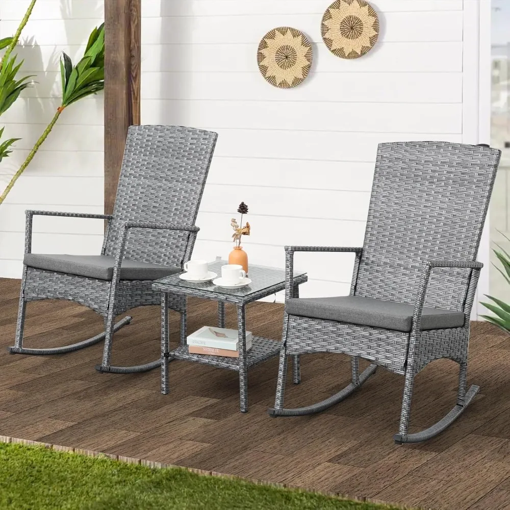 3 Piece Patio Rocking Chair Outdoor Rattan Bistro Set with Glass Top Table Conversation Set with Grey PE Wicker