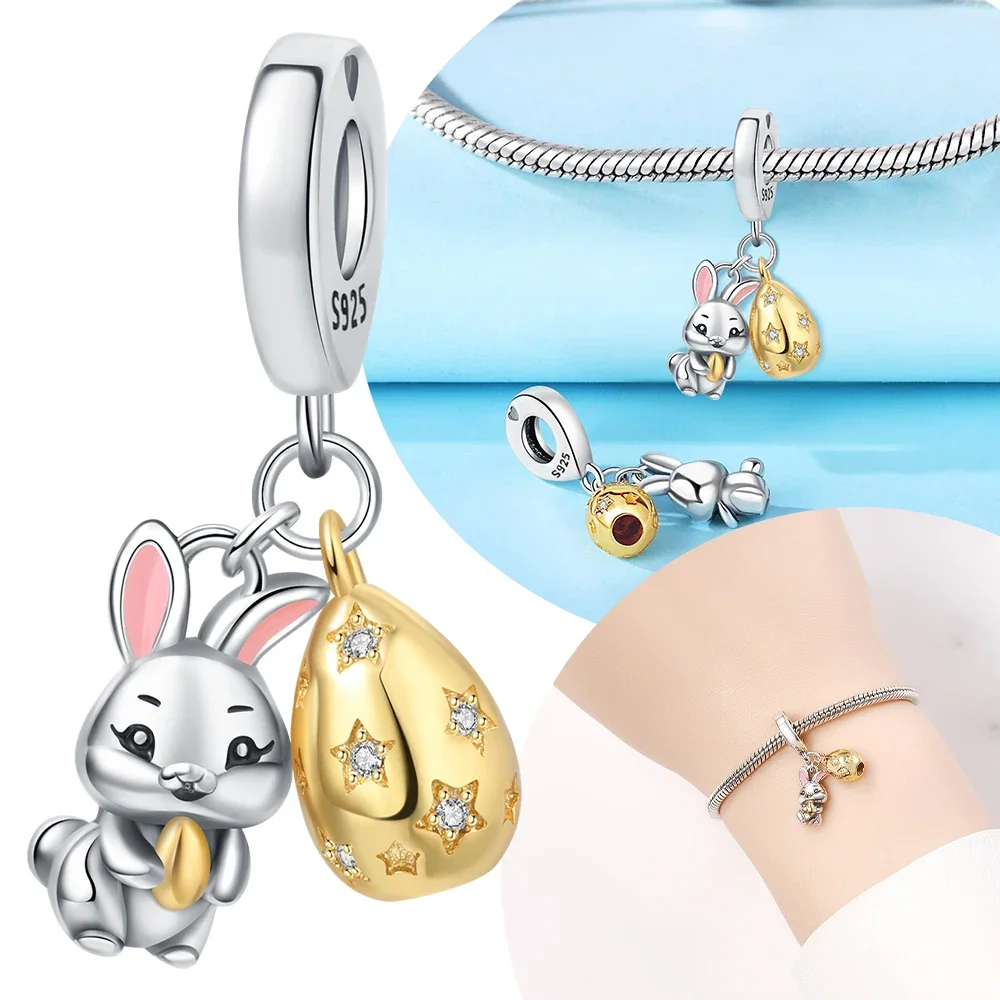 

925 Sterling Silver Original Easter Cute Rabbit Gold Pendant Beads Fit Bracelet& Necklace Jewelry Diy Easter Gift