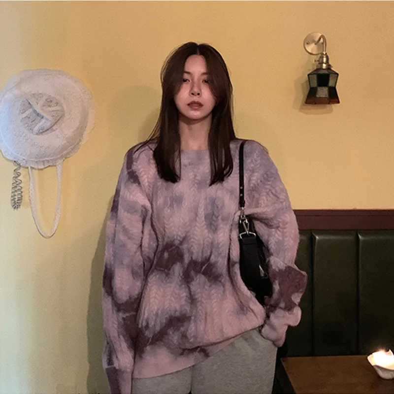 Winter Women Purple Sweater Crew Neck Twist Tie Dye Korean Fashion Lazy Wind Loose New Pullover Long Sleeves Knitting Tops