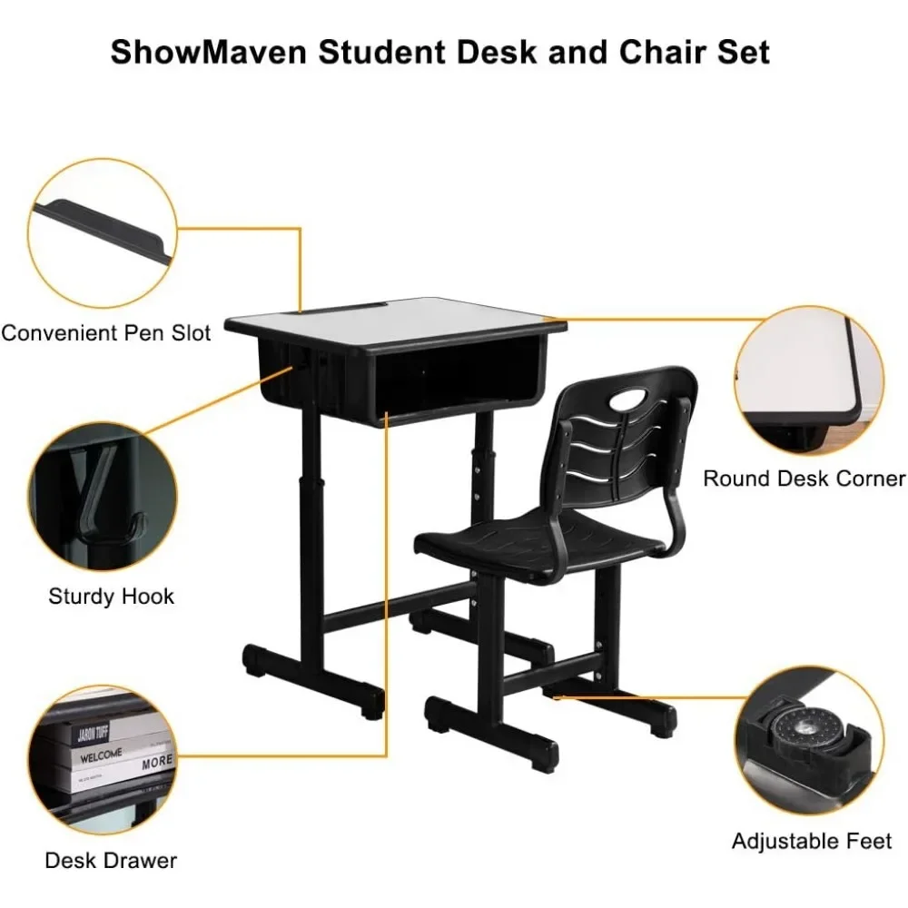 Student Desk and Chair Combo, Height Adjustable School Desk and Chair Workstation with Drawer, Pencil Grooves and Hanging Hooks