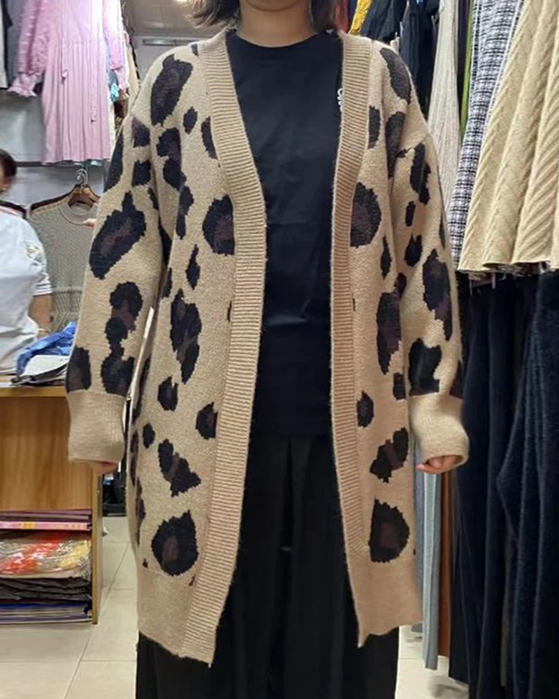 Overized Sweaters Cardiagns for Women Winter Leopard Pattern Longline Knit Cardigan Bohemian Slim Batwing Sleeve Warm Midi Coat