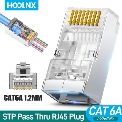 Imagen 1 del producto Conector Hoolnx RJ45 CAT6A CAT6 paso a través de enchufes modulares STP blindado 50U enchufe de red de extremo Ethernet chapado en oro para Cable Lan