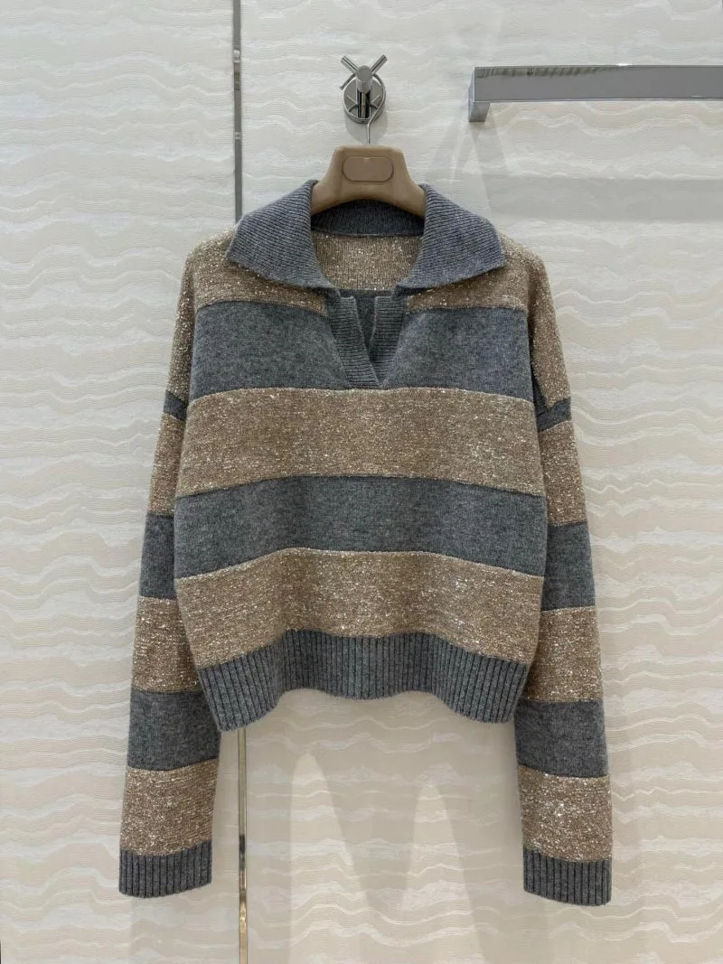 2024 Autumn/Winter New Women's Sweater Fashion Trend American Retro Striped Glitter Cashmere Polo Knitted Hoodie