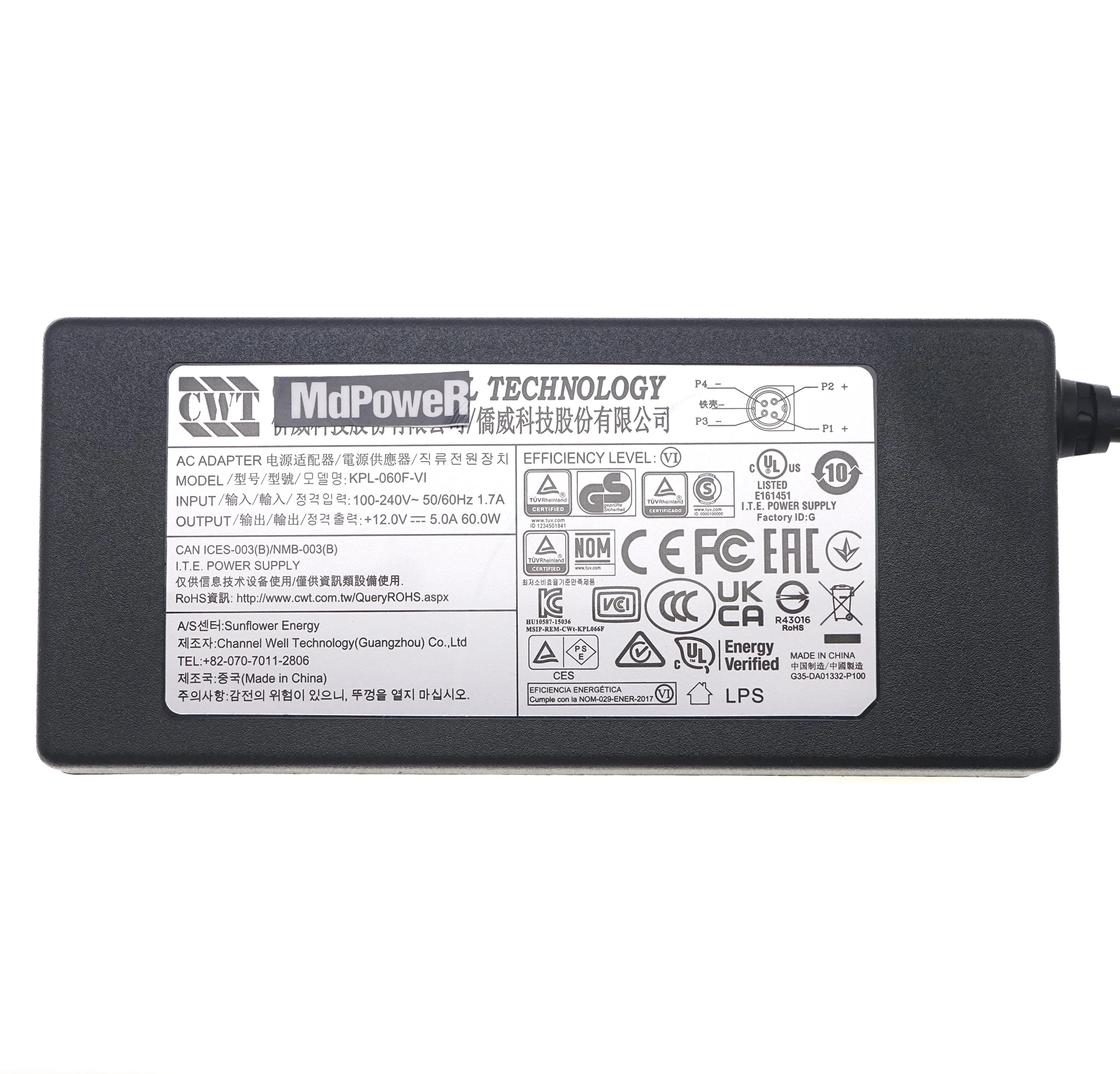 Genuine CWT KPL-060F KPL-060F-VI 12V 5A 4PIN 60W AC Adapter Charger For HIKVISION 7816HW 7808HW Monitor Display Power Supply
