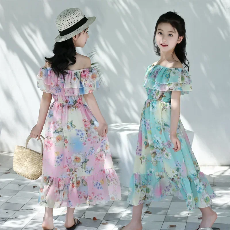 

Children Princess Chiffon Dresses Fashion Kids Party Clothes Girls Summer Flower Print Bohemian Beach Dress Teenager