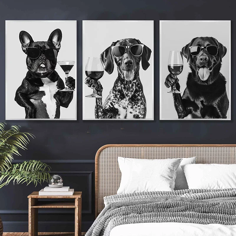 Black and White Funny Animal Poster Drinking Dog and Wine Glasses Canvas Painting Pet Wall Art Kitchen Room Home Decor Mural